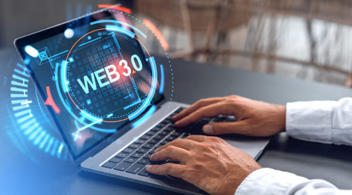 Businessman hands typing on laptop, web 3.0 hologram hud with glowing circle on monitor