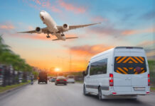 Exploring Efficient Airport Transportation: Best Coach Services for Midway Arrivals Mini bus drives along the highway among other cars in the evening in the sunset sky