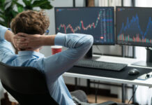 SwissHolding.com Security Review for Enhanced Financial Protection Trader leaning body back looking on dynamic screen at modern office