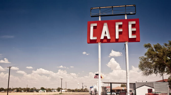 Cafe sign along historic Route 66 in Texas.