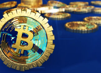 bitcoin logo gold coins that scatter in different directions.