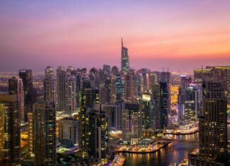 aerial view of City lit up at night