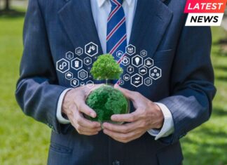 Businessman holding a globe with icon carbon credit reducing to a sustainable climate solution