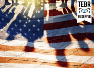 USA Flag and shadows of People