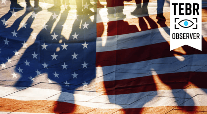 USA Flag and shadows of People