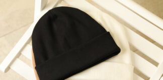 Network and Spread Joy with Personalized Beanies as Business Gifts Three stylish beanies on wooden chair, top view