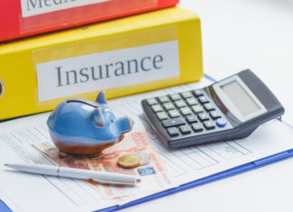 Clean insurance form, piggy bank, calculator and money