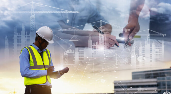 Engineering Consulting People on construction site holding tablet in his hand. Management in business workflow and Building inspector with BIM technology in Construction Project.