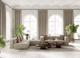 Large living room inderior with arch windows, furnished with modern sofa and dining table