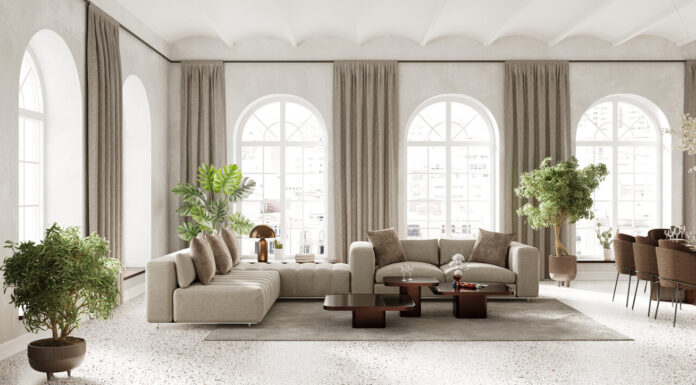 Monteurzimmer in Linz: Affordable Accommodation for Workers and Travelers Large living room inderior with arch windows, furnished with modern sofa and dining table