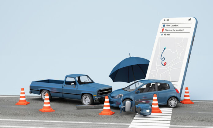 Car protection and safety assurance concept, car insurance web banner design. car accident on the road who are waiting to receive services from insurance arrived at the accident. cartoon 3d rendering car accident
