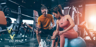 How AI Assistants Help Coaches Make Game-By-Game Decisions Muscle strength training people in sport club overlay data chart body analysis diagram interface