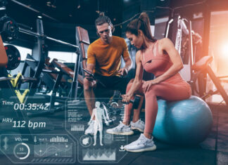 Muscle strength training people in sport club overlay data chart body analysis diagram interface