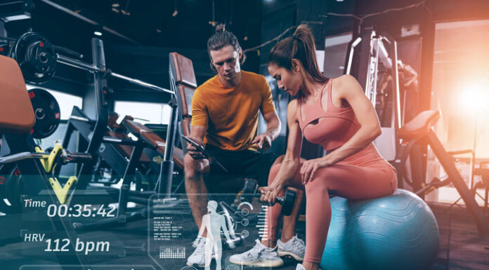 How AI Assistants Help Coaches Make Game-By-Game Decisions Muscle strength training people in sport club overlay data chart body analysis diagram interface