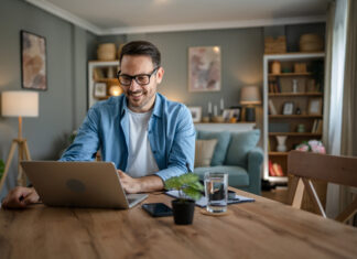 One man adult caucasian work on laptop at home happy smile
