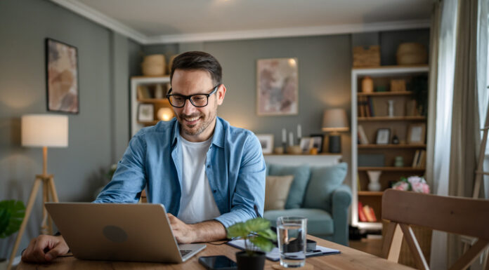 One man adult caucasian work on laptop at home happy smile