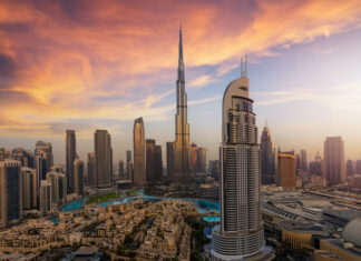 The Future of Business in the Middle East Panoramic sunrise view of the downtown district skyline of Dubai