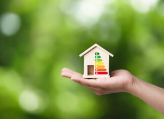 House energy efficiency, energy efficient rating class concept, eco home renovation save cost.