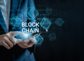 Blockchain Technology: Revolutionizing Digital Trust and Transparency Businesswoman use a smartphone connecting to blockchain global networking, Token money bank bitcoin, cloud data network connect, cyber security binary coded