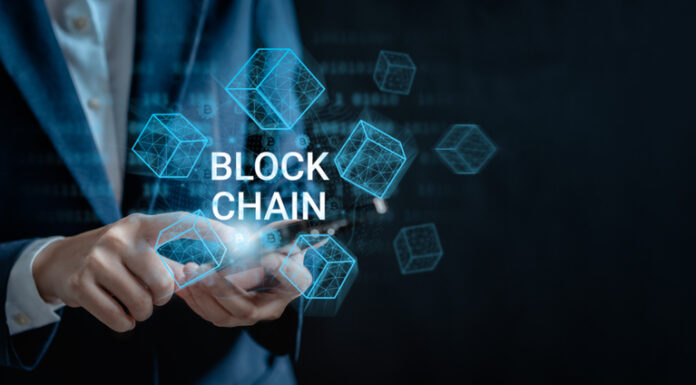 Blockchain Technology: Revolutionizing Digital Trust and Transparency Businesswoman use a smartphone connecting to blockchain global networking, Token money bank bitcoin, cloud data network connect, cyber security binary coded