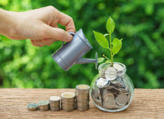 Search by image or video Stack of coins and growth sprout plant with hand watering as business finance or grow investment
