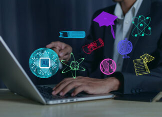 As ChatGPT Turns Two, Business Schools Double Down on AI Integration in Classroom E-Learning Technology Webinar Online education and training for new knowledge. AI-enhanced learning, distance learning on virtual internet screens