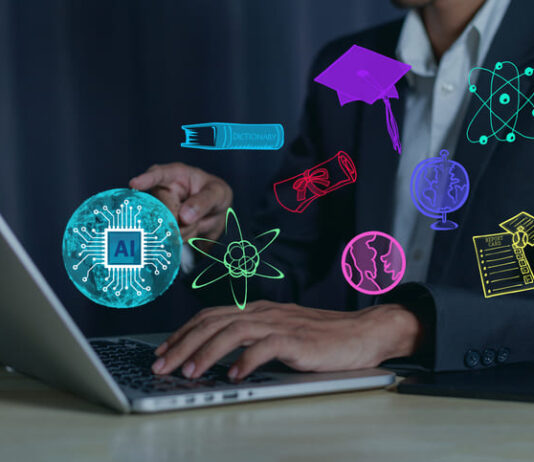 E-Learning Technology Webinar Online education and training for new knowledge. AI-enhanced learning, distance learning on virtual internet screens