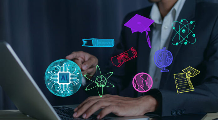 E-Learning Technology Webinar Online education and training for new knowledge. AI-enhanced learning, distance learning on virtual internet screens