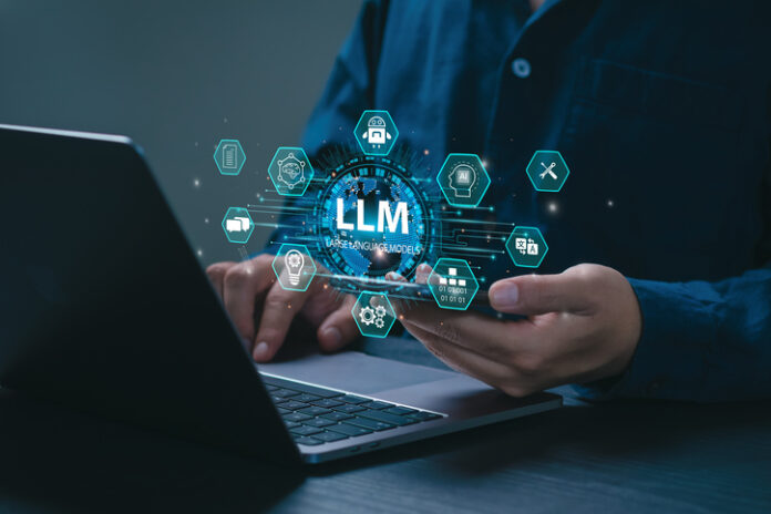 LLM, AI Large Language Model concept. Businessman holding a smartphone with LLM icons on virtual screen. A language model distinguished by its general-purpose language generation capability. Chat AI. AI Large Language Model concept. Businessman holding a smartphone with LLM icons on virtual screen