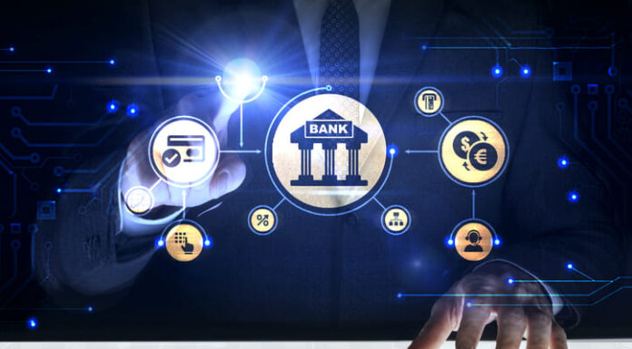 Businessman touching screen with about Banking