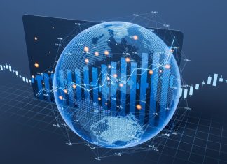 Global data streams, finance charts, and globe