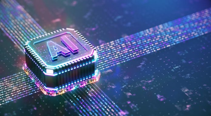 Powerful Quantum AI component on PCB motherboard with data transfers.