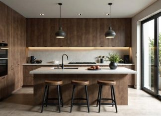 Modern designer kitchen interior in dark tones