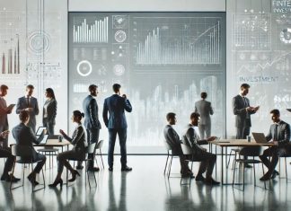 Business professionals analyzing fintech and investment data screens