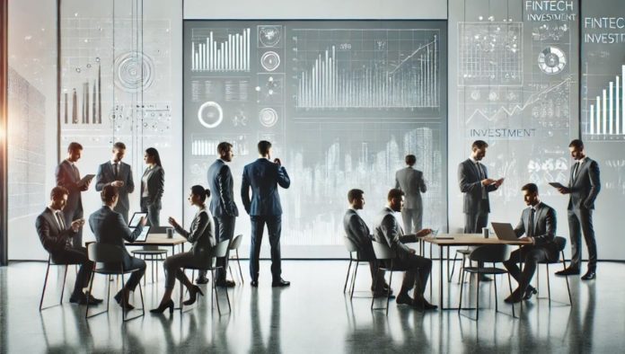 Business professionals analyzing fintech and investment data screens