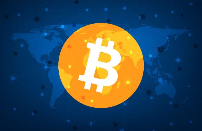 Bitcoin symbol on world map background