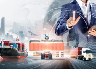 The Logistics Industry is Changing—Are You Keeping Up? Businessman touching virtual screen world map of Global logistics network distribution, Container cargo freight ship at industrial port for logistics Import export background, Smart technology