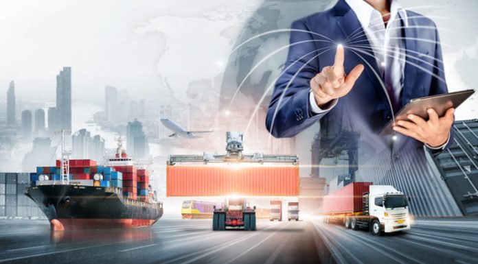 The Logistics Industry is Changing—Are You Keeping Up? Businessman touching virtual screen world map of Global logistics network distribution, Container cargo freight ship at industrial port for logistics Import export background, Smart technology