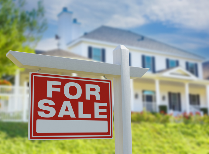For Sale Real Estate Sign in Front of Beautiful House