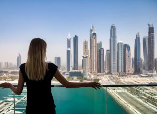 balcony with view of skyscrapers Dubai UAE