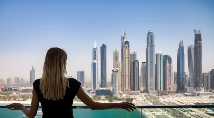 balcony with view of skyscrapers Dubai UAE