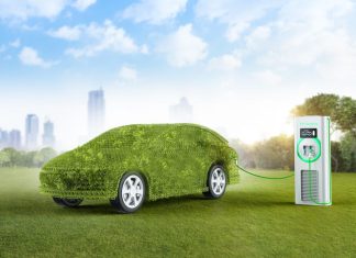 Green ev car or leafy grass electric vehicle recharging at station