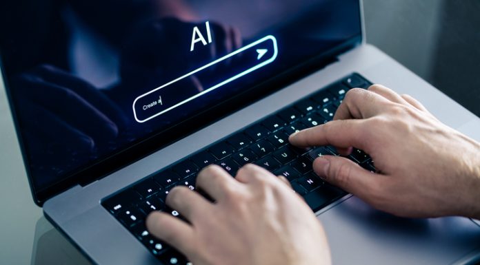 Why Sticking to Gemini for Meetings Might Limit Your Options Man using chatbot with laptop at work. Creative content. Generate text or image. Command input on website.