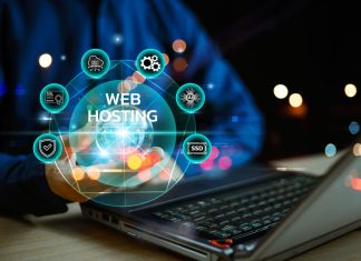 Web hosting technology on laptop screen/business
