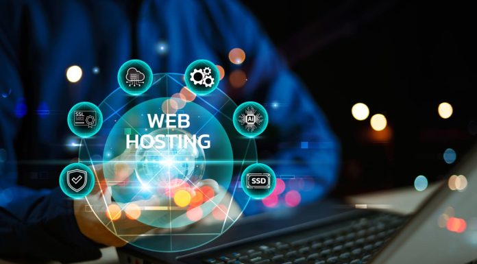 Web hosting technology on laptop screen/business