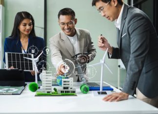The Importance of Building Decarbonisation and 4 Ways Estate Leaders Can Get Started Engineer Teamwork Meeting, with partner on model building at company office working technology, Renewable energy-based green businesses and global warming.