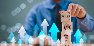 Skill competency development concept. Up new ability skill training for technology evolution. Leadership thinking upskill. Hand hold wooden cube, soft skill digital icon. Education learning talent