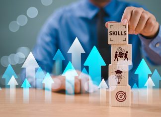 Skill competency development concept. Up new ability skill training for technology evolution. Leadership thinking upskill. Hand hold wooden cube, soft skill digital icon. Education learning talent