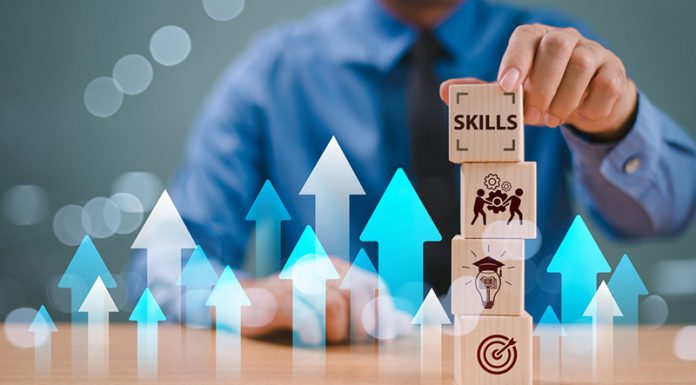 Skill competency development concept. Up new ability skill training for technology evolution. Leadership thinking upskill. Hand hold wooden cube, soft skill digital icon. Education learning talent