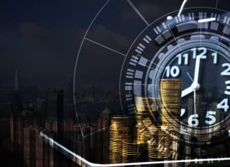 Double exposure of coin stack and alarm clock with city background and financial graph, business finance